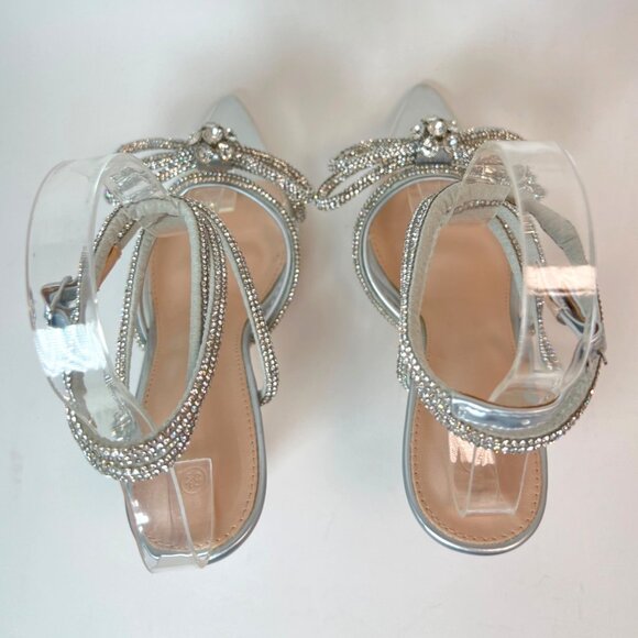 Silver Rhinestone Pointed Toe  Heels High Strappy  Bow Sandals Women Size 5.5 - Picture 7 of 9